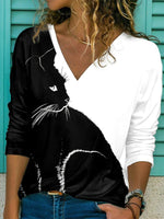Cat Print V-neck Casual Long Sleeves Sweatshirt