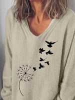 Dandelion Bird Print V-neck Long Sleeves Sweaters