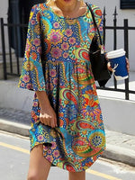 Paisley Print Round Neck 3/4 Sleeves Mini Dress