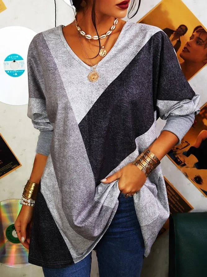 Color Block Patchwork V-neck Long Sleeves Sweatshirt