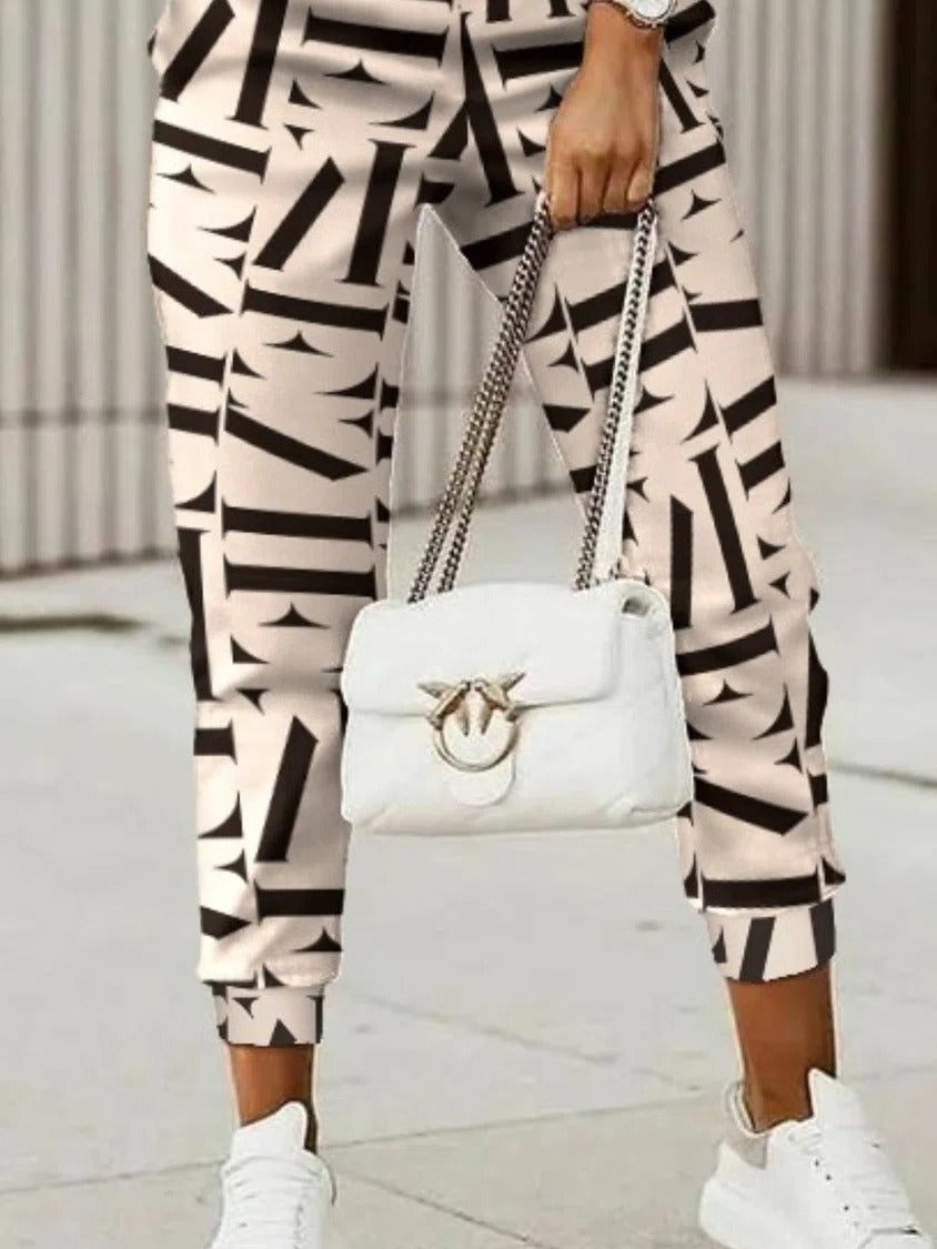 Geometric Print V-neck Long Sleeves Two Piece Suit