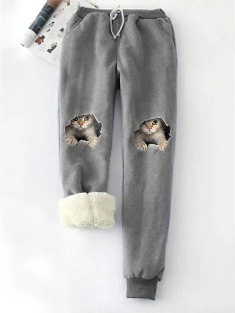 Funny Cat Fleece Elastic Waist Casual Thermal Pants