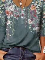 Leaf Print Cotton-Blend Loose Blouse