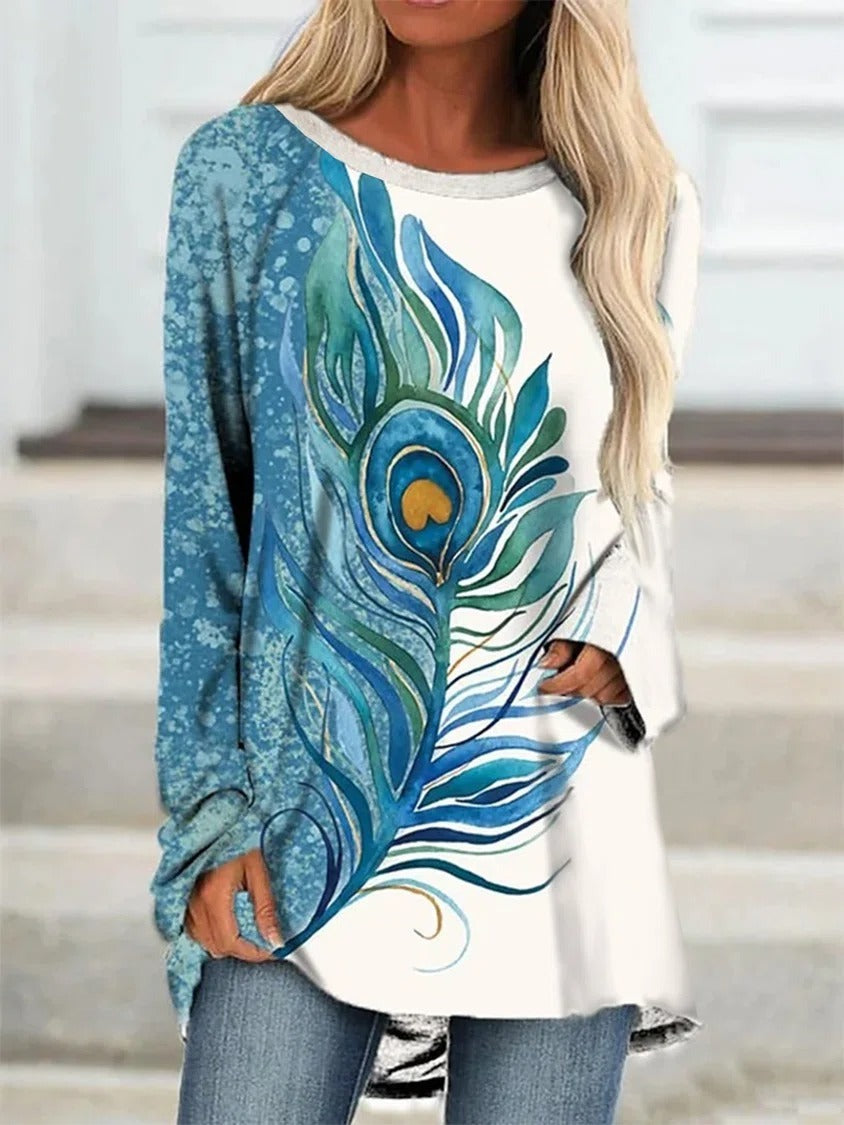 Boho Floral-Print A-Line Long Sleeve Shirts & Tops