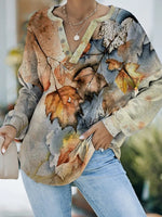 Leaf Print V-neck Long Sleeve Casual Sweatshirts