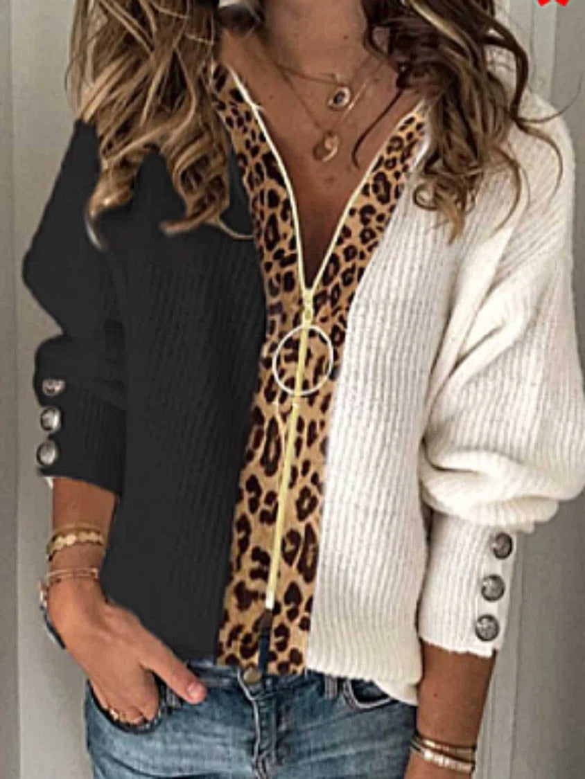 Zipper Leopard Buttons Long Sleeve Sweater