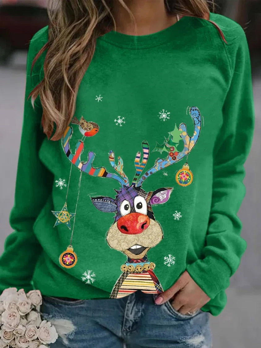 Christmas Reindeer Print Round Neck Long Sleeves Sweatshirt