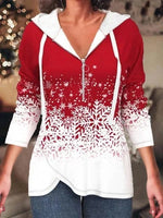 Christmas Snowflake Print Zipper Hooded Long Sleeves Sweatshirt
