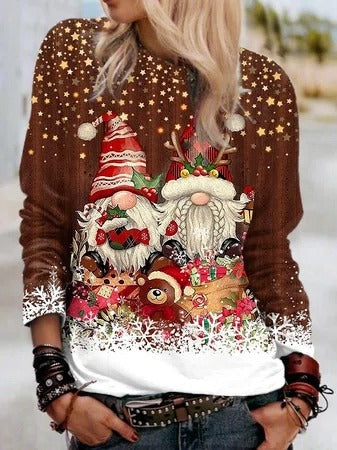 Christmas Gnomes Print Crew Neck Long Sleeves Sweatshirt