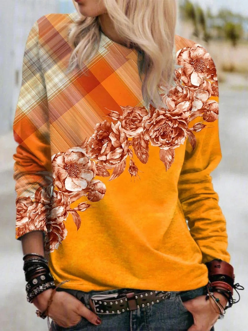 Floral Plaid Print O-neck Long Sleeves Sweatshirt