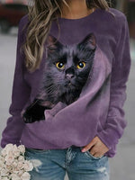 Cat Print Round Neck Long Sleeves Sweatshirt