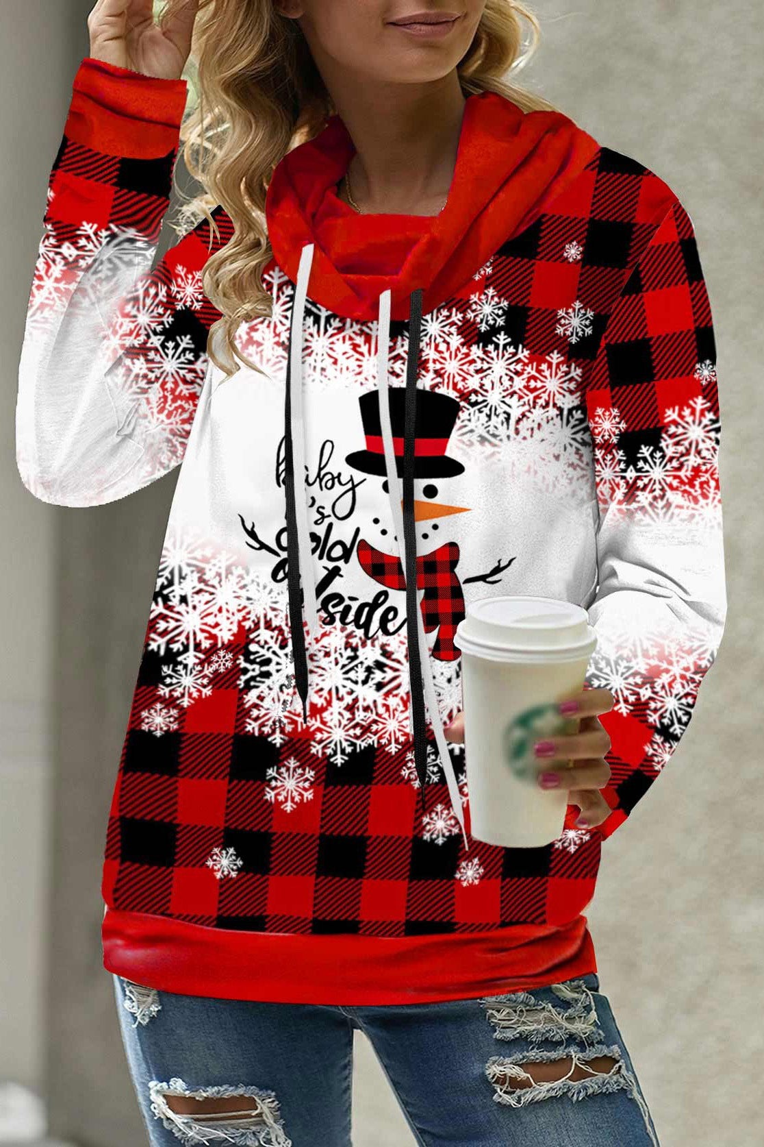 Christmas Snowman Print Cowl Neck Long Sleeves Sweatshirt