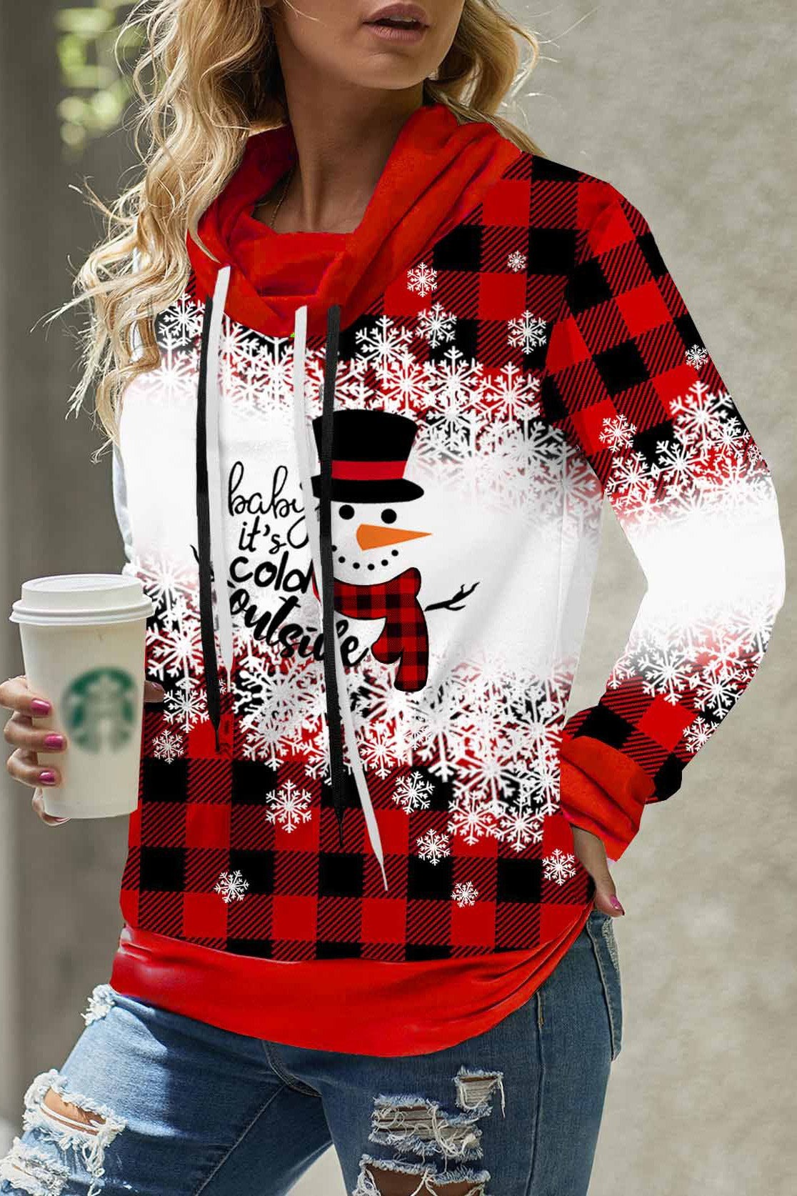 Christmas Snowman Print Cowl Neck Long Sleeves Sweatshirt