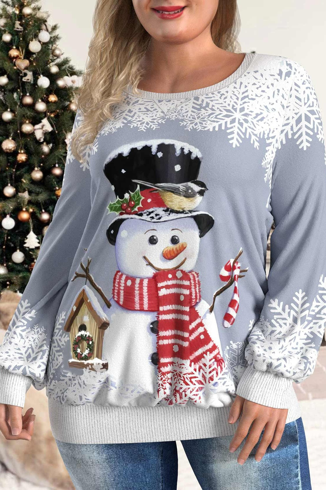 Christmas Snowman Print Round Neck Long Sleeves Sweatshirt