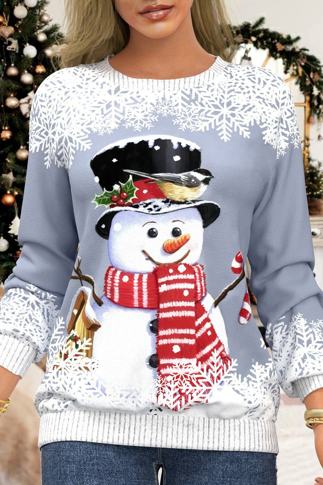 Christmas Snowman Print Round Neck Long Sleeves Sweatshirt