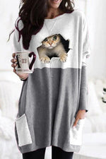 Cat Print Pockets Round Neck Long Sleeves Sweatshirt
