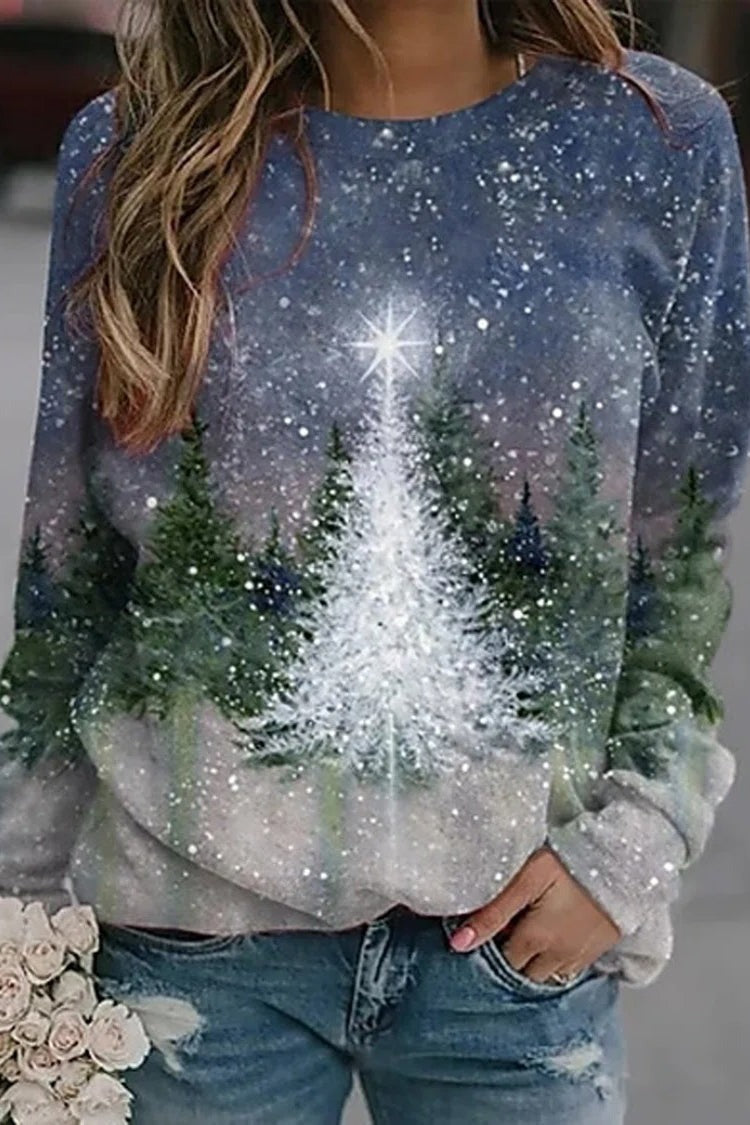 Christmas Tree Print O-neck Long Sleeves Sweatshirt