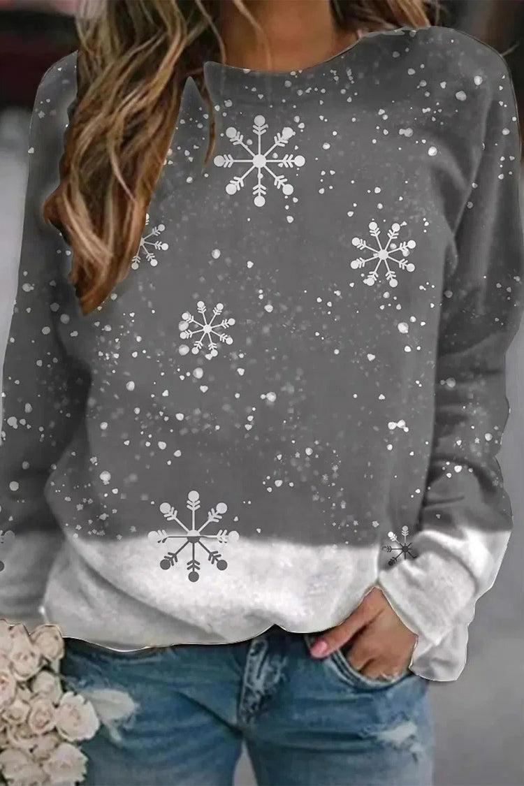 Christmas Snowflake Print O-neck Long Sleeves Sweatshirt