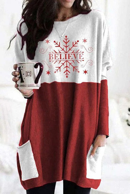 Christmas Print Pockets Crew Neck Long Sleeves Sweatshirt