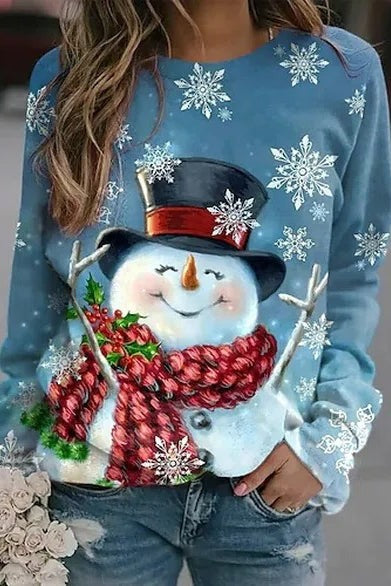 Christmas Snowman Print Crew Neck Long Sleeves Sweatshirt