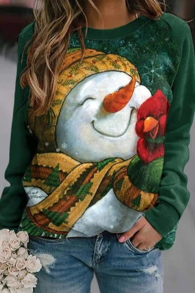 Christmas Snowman Print Round Neck Long Sleeves Sweatshirt