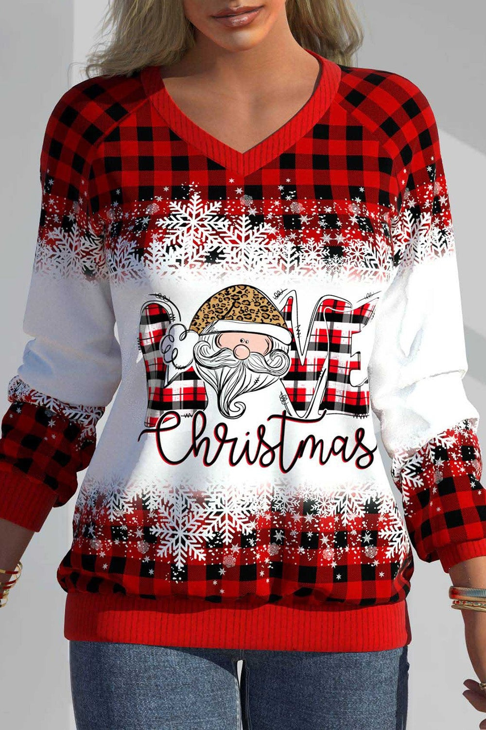 Christmas Love Print V-neck Long Sleeves Sweatshirt