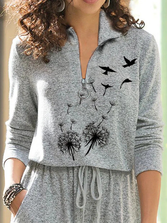 Dandelion Print Zipper Lapel Long Sleeves Shift Dress