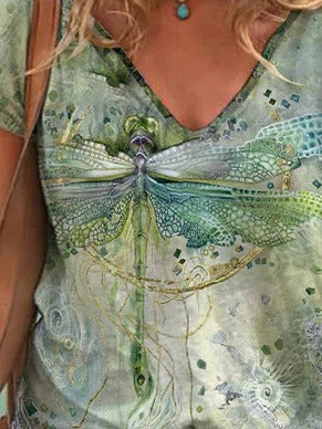 Dragonfly Print V-neck Casual Short Sleeves T-shirt