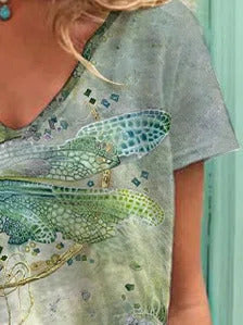 Dragonfly Print V-neck Casual Short Sleeves T-shirt