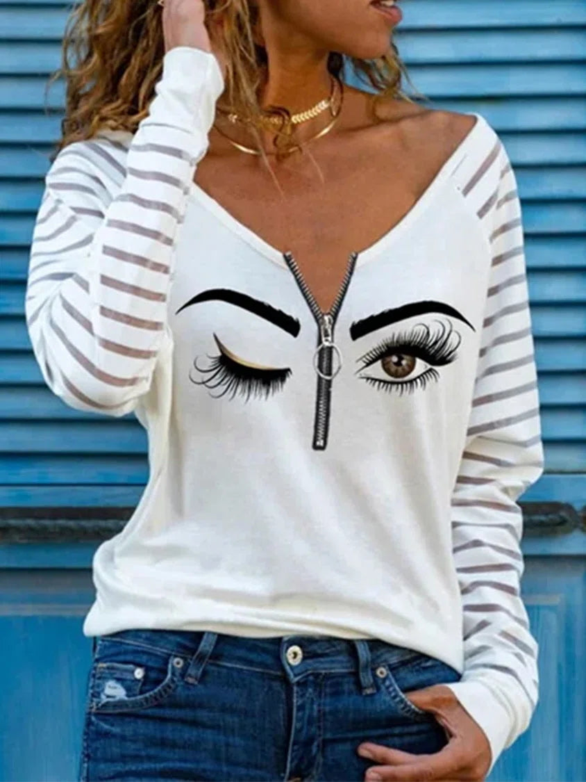 Abstract Print Zipper V-neck Casual Long Sleeves Sweatshirt