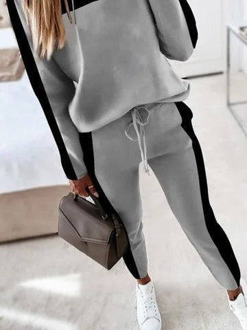 Color Block Zipper V-neck Long Sleeves Two Piece Suit