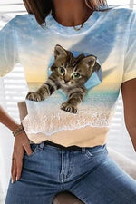 Cute Cat Print Round Neck Short Sleeves T-shirt