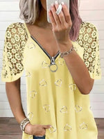 Heart Print Zipper Lace V-neck Short Sleeves T-shirt