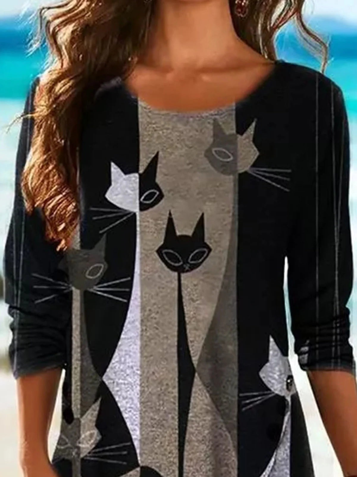 Cartoon Cat Print Irregular Hem Long Sleeves Sweatshirt