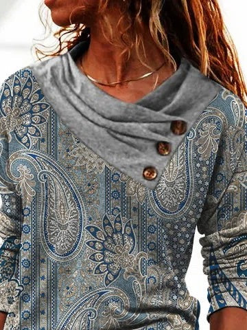 Paisley Print Buttons Cowl Neck Long Sleeves Sweatshirt
