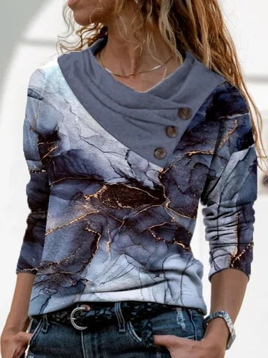 Marbling Print Buttons Cowl Neck Long Sleeves Sweatshirt