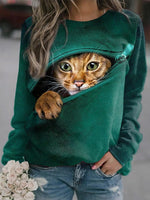 Casual Cat Long Sleeve Round Neck Print Sweatshirt