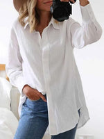 Shirt Collar Cotton Linen Plain Blouse