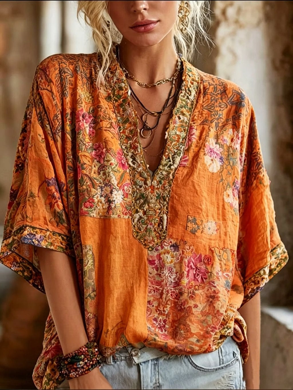 Women's Boho Floral Art Print Cotton V-Neck Blouse