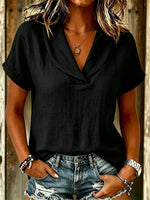 Women's Solid Plain Cotton Lapel Short Sleeve Blouse