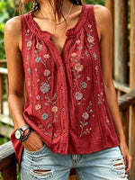 Women's Floral Art Print Casual Sleeveless Cardigan Cotton Linen Shirt