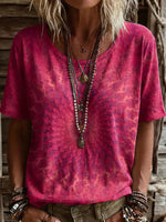 Women's Vintage Ethnic Pink Mandala Art Printed Casual Round Neck Short Sleeve Cotton T-shirt