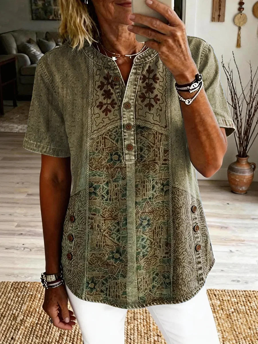 Women's Vintage Ethnic Pattern Art Print Casual Short-sleeve Shirt