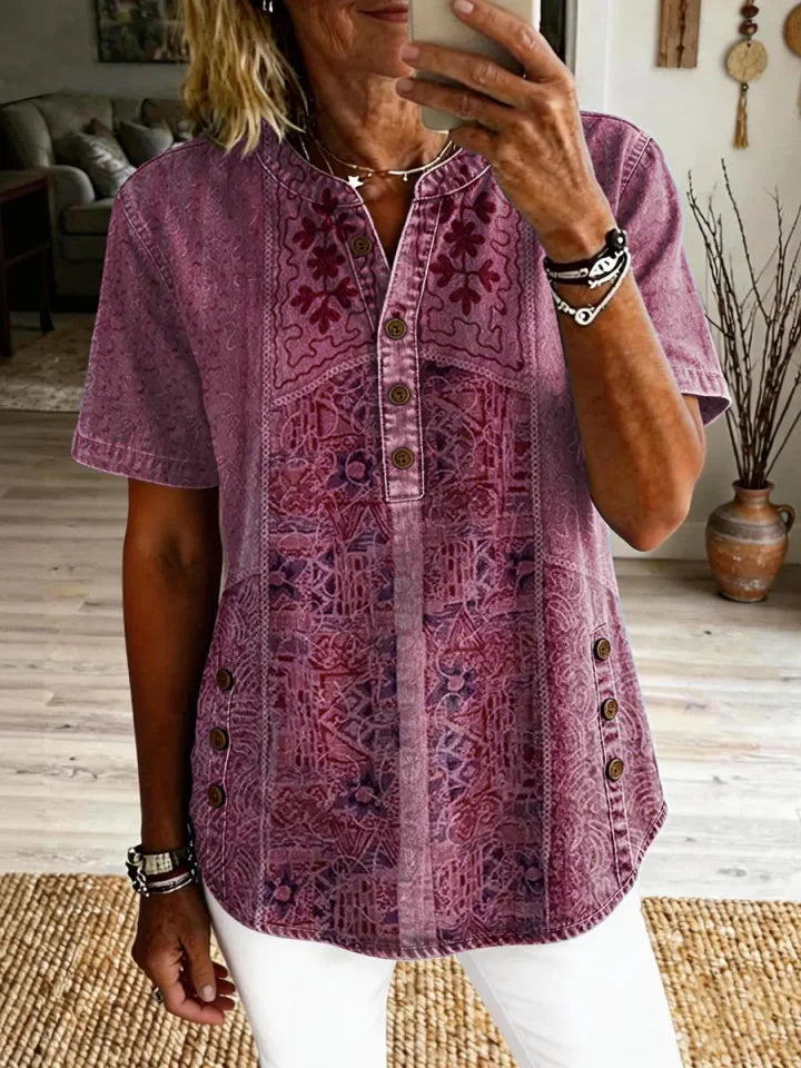 Women's Vintage Ethnic Pattern Art Print Casual Short-sleeve Shirt