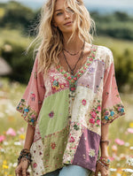 Women's Vintage Floral Print Patchwork V-neck Boho T-shirt