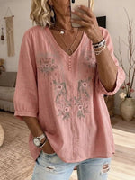 Women's Retro Flowers Embroidered V-neck Button Cotton Shirt