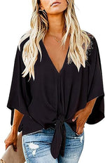 Women's Casual Floral Blouse Batwing Sleeve Loose Fitting Shirts Boho Knot Front Tops