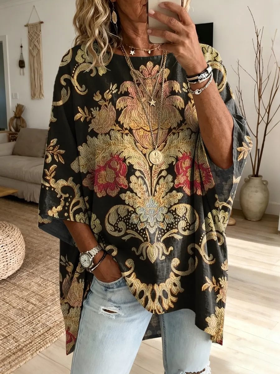 Ethnicity Retro Flowers Totem Women's Art Print Fashionable Loose Casual Top