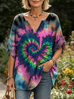 Women's Spiral Tie-Dye Print Boho V-Neck Casual Top