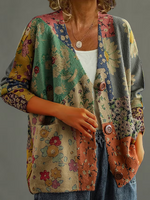 V Neck Casual Long Sleeve Floral Print Sweater Cardigan